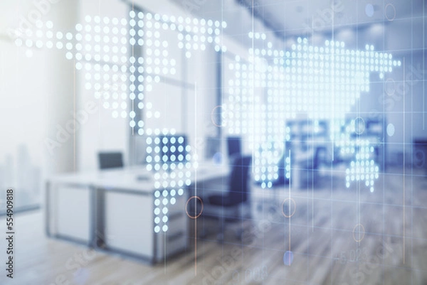 Fototapeta Multi exposure of abstract graphic world map hologram on a modern furnished office interior background, connection and communication concept
