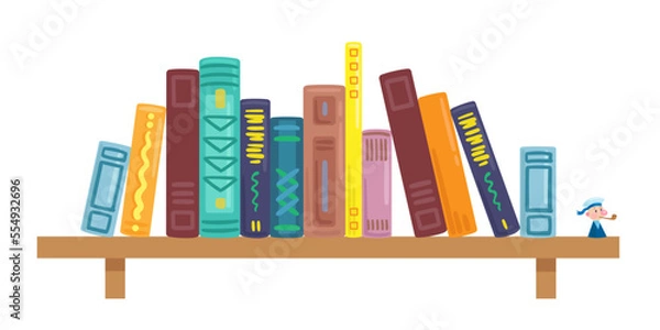 Fototapeta Shelf with different books. In cartoon style. Isolated on white background. Vector flat illustration