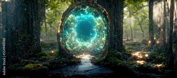 Fototapeta In a dense forest, an archway leads to another dimension. The leaves on the trees are green. A blue light can be seen in the portal. The whole earth is covered with green grass. 3D illustration, ai.