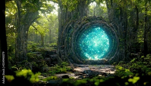 Fototapeta In a dense forest, an archway leads to another dimension. The leaves on the trees are green. A blue light can be seen in the portal. The whole earth is covered with green grass. 3D illustration, ai.