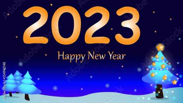 Fototapeta New Year's Day 2023 Background and postcard. Winter moonlit night with a Christmas tree, garlands and snowflakes. Text: Happy New Year 2023.