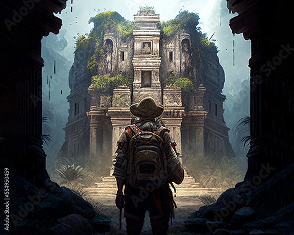 Fototapeta An explorer looking at an abandoned temple in the jungle