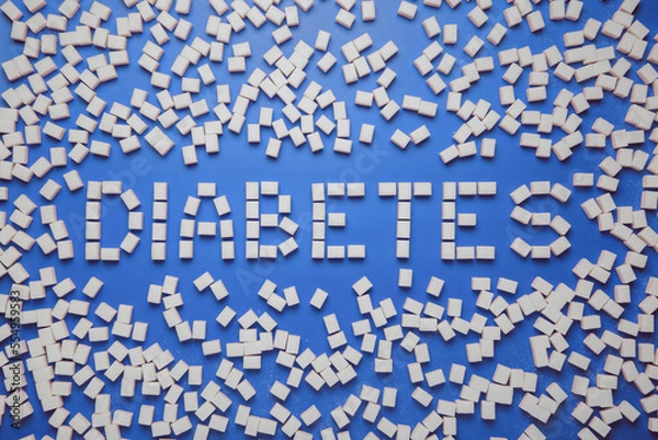Fototapeta Diabetes word and a frame made from sugar cubes on blue background