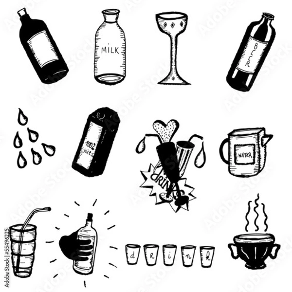 Fototapeta Doodle Bottles, Drinks And Glasses