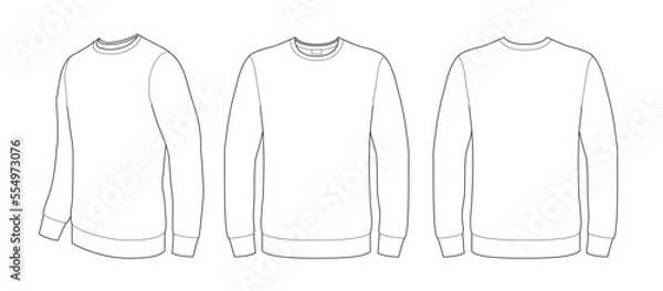 Fototapeta Technical sketch Men's white blank long sleeve shirt sweatshirt template (front-face, back and side-full face angle) vector isolated on white  background mock up shape for your print design.  