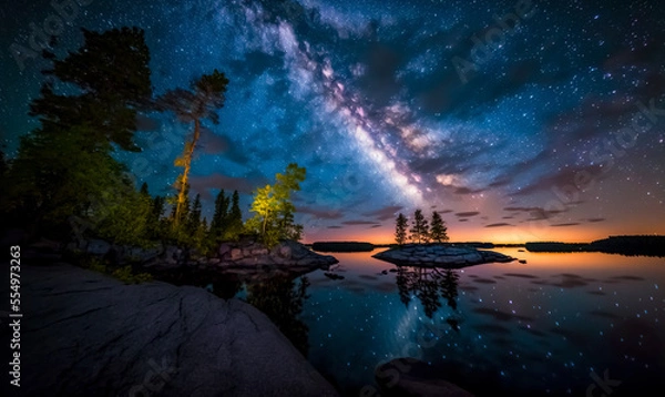 Fototapeta Milky Way over the sea. Beautiful night landscape of nature, Shining stars of the night sky of the milky way are reflected in the lake.