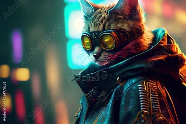 Obraz cyberpunk cat at night time in city