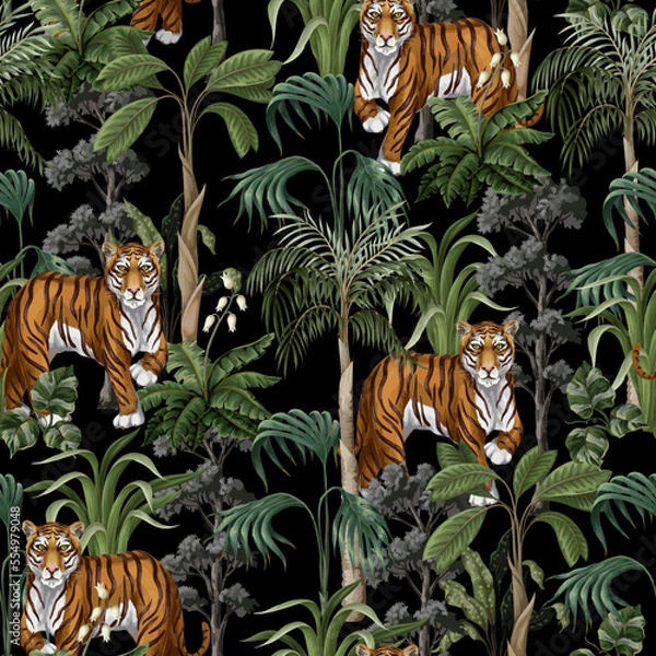 Fototapeta Seamless pattern with tiger and jungle trees. Vector.