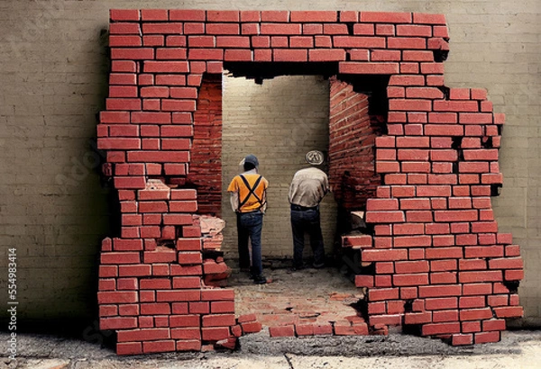 Fototapeta Builders work in brick building. Work of bricklayers.
