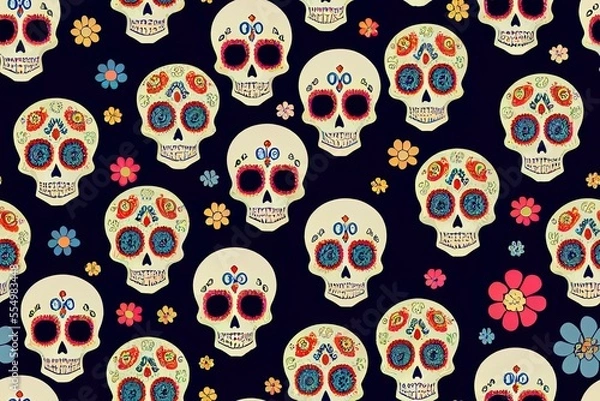 Fototapeta Cute sugar skulls on a paisley backdrop, perfect for the Day of the Dead Generative AI