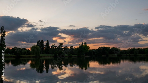 Fototapeta Lack during sunset with reflection - Chateauroux, Indre