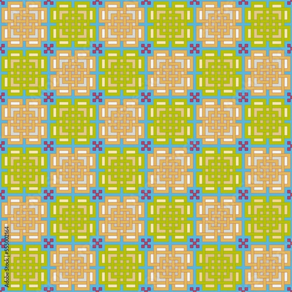 Obraz Seamless, Vector Image of Interlocking Rectangular Shapes Forming a Repeating Pattern in Orange and Green Tones. Can Be Used in Design and Textiles