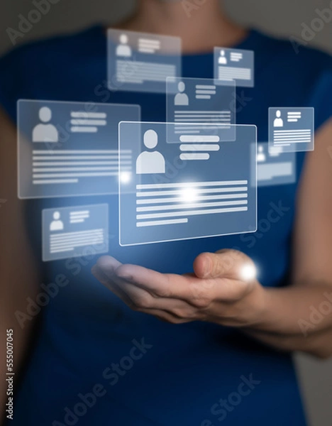 Fototapeta  Managers`s hand pointing on highlighted cv cards with candidates information. Human resources concept.Illustrative material for articles and web.