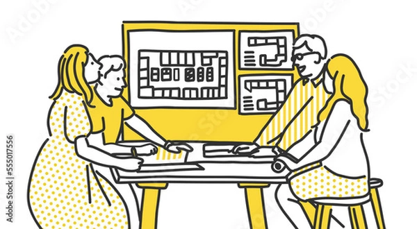 Obraz オフィスでミーティング中のスタッフのイラスト