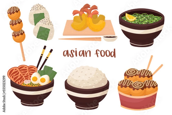 Fototapeta Doodle flat clipart. Set of different asian food. All objects are repainted.