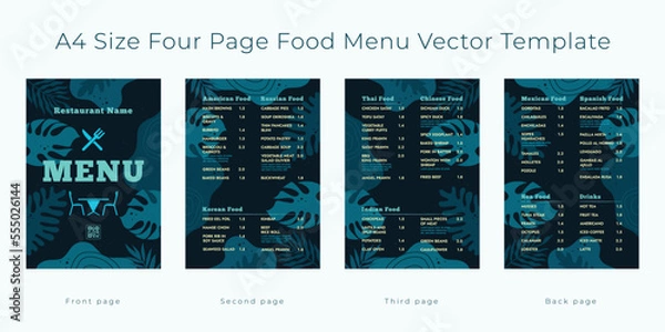 Fototapeta Restaurant cafe menu, template design,
A4 size, Four page food menu template