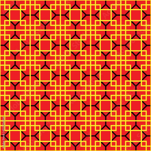 Fototapeta Colorful square and hexagon interlaced pattern on red background. Black and yellow interlocking pattern on red backdrop.
