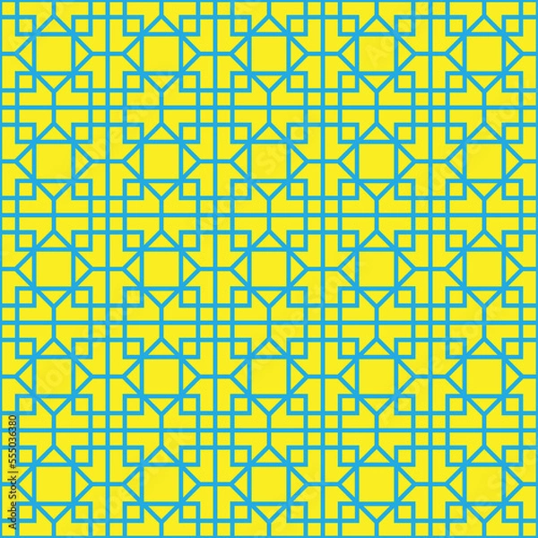 Fototapeta Colorful square and hexagon interlaced pattern on yellow background. Blue interlocking pattern on yellow backdrop.