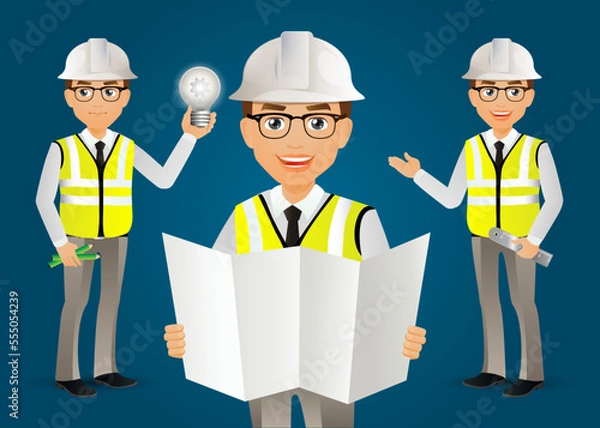 Fototapeta Set of flat engineer with different poses