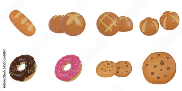 Fototapeta 3d rendering. Bread icon set on a white background.baguette, boule bread, donut, cookie