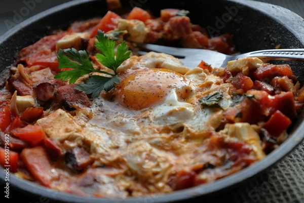 Obraz Egg pan fried with tomato, feta and ham, cose up