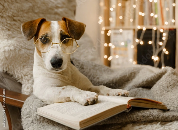 Obraz Smart dog in glasses, sits with a book in a chair.