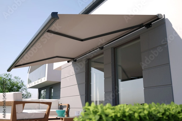 Fototapeta Awning and modern building, 3D illustration