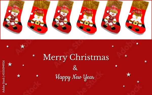 Obraz Christmas card with red gift socks, snowman and Santa in a red checkered hats on a white and red.  There are also white stars,  snowflakes and congratulatory inscriptions. It can be used in print...