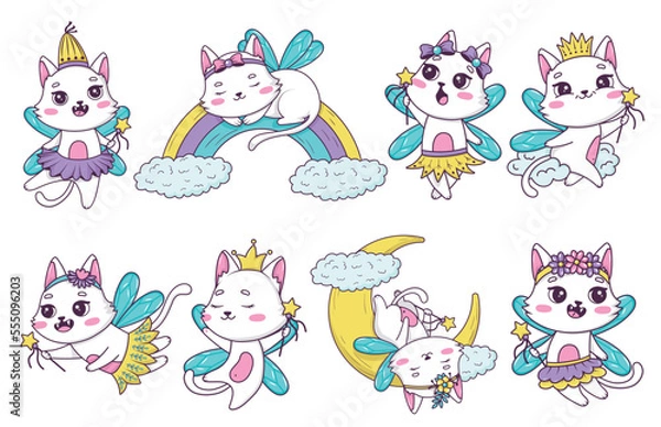 Obraz Bundle of drawn cute cartoon cats fairy with a magic wand in different poses in doodle style