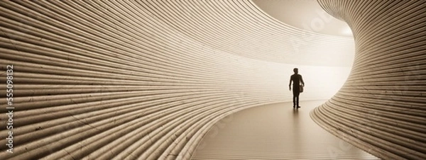 Fototapeta Concept or conceptual dark tunnel with a bright light at the end or exit. 3d illustration as metaphor to success, faith, future or hope, a black silhouette of walking man to new opportunity or freedom