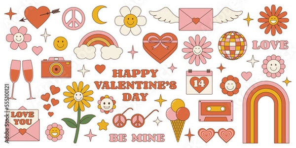 Fototapeta Retro Groovy Happy Valentines day stickers set. Vintage hippy style collection.	
