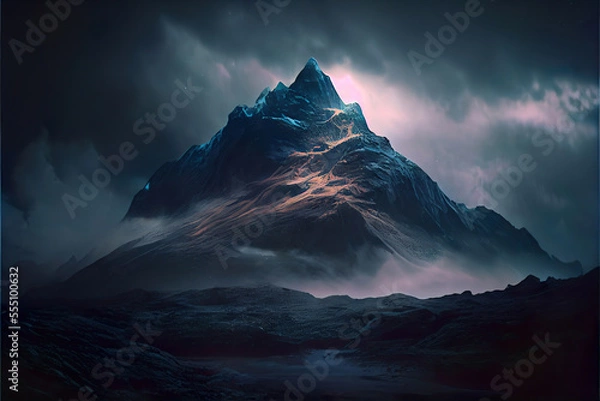 Fototapeta Krajobraz Mrocznych Fantasy Mountain, ogień na wzgórzach, erupcja wulkanu, wykonana z generatywnej sztucznej inteligencji