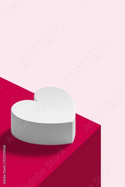 Fototapeta Valentine’s Day minimal concept with white heart shaped box on magenta and pastel pink perspective background. Romantic flat lay composition.