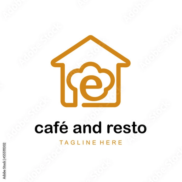 Fototapeta Initial Letter e with Home and Hat Cap Chef Combination Icon for Catering Service, Restaurant, Home Cooking, Baker Class Simple Logo Idea Template 