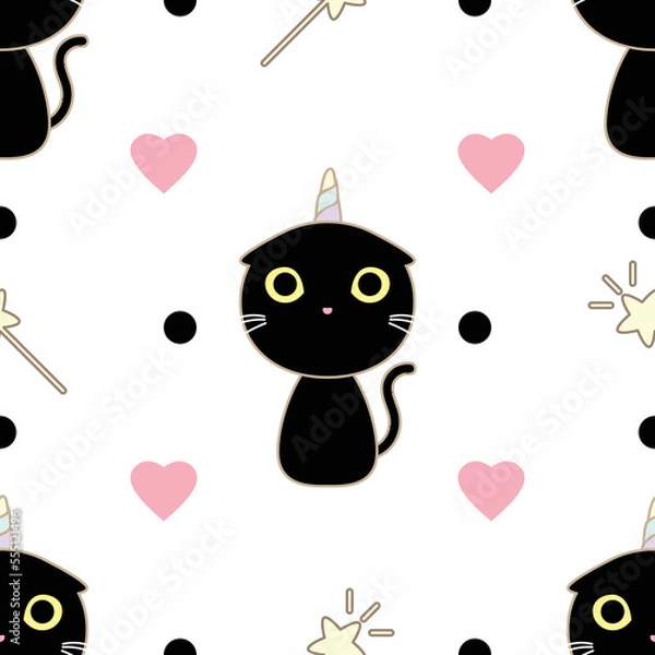 Obraz Cute seamless pattern black cat unicorn with pink heart and black dot on white.