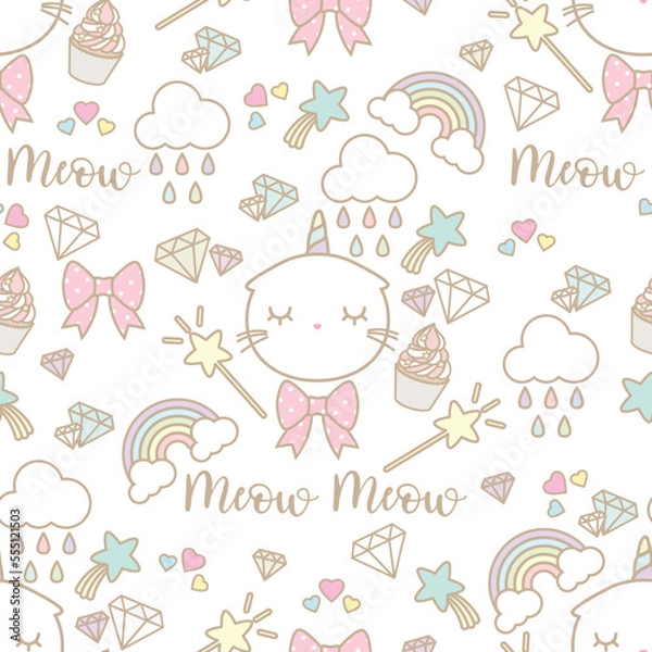 Obraz Cute seamless pattern head cat unicorn with cute item in pastel