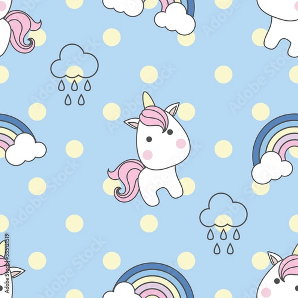 Obraz Cute seamless pattern unicorn with polka dot and rainbow on blue.