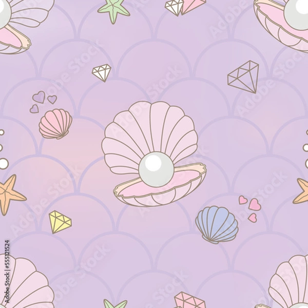 Obraz Cute pattern pearl shell in purple with sea animal underwater.