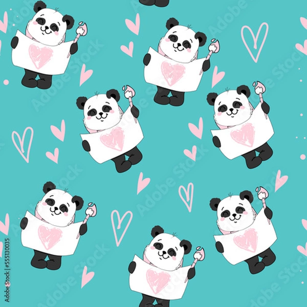 Obraz Cartoon panda with heart on a blue background seamless pattern. Vector cartoon illustration in kawaii style. Birthday and Valentines day
