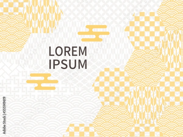 Obraz 金色をイメージした黄色の六角形の和柄。抽象的な背景。青海波と矢絣と市松模様。