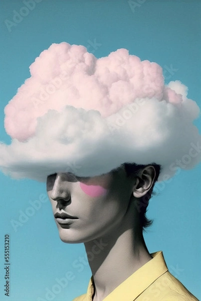 Fototapeta Retro, vintage, abstract collage portrait of a faceless man with a huge, soft, white cloud on her head. What is in your head? Illustration, Generative AI.