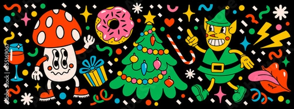 Fototapeta Merry Christmas and Happy New year pack of trendy retro cartoon characters. Groovy hippie Christmas stickers with Christmas tree, cupcake and winter objects. Vector Cartoon characters and elements.