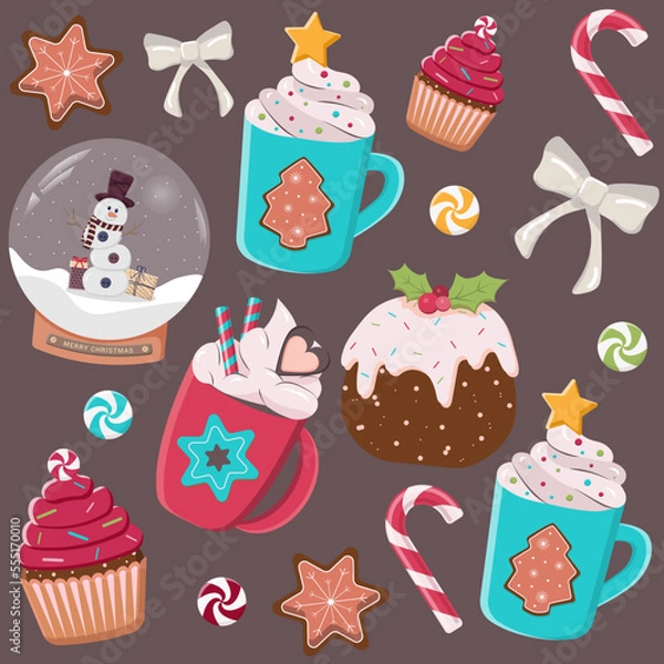 Fototapeta Flat  pattern cup teapot coffee cake vector