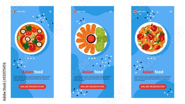 Fototapeta Online reservation in asian restaurant set of web banner for phone. Asian dishes on blue background.