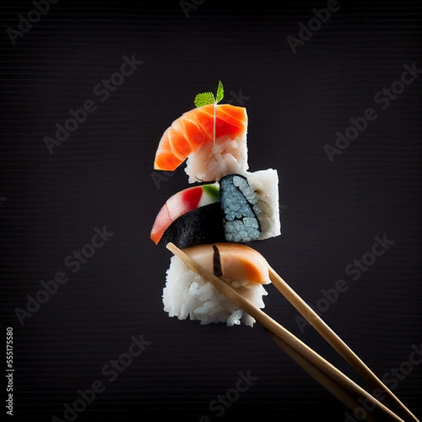 Fototapeta pieces of sushi with chopsticks, generative ai
