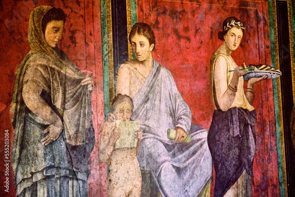 Fototapeta detail of the ancient painting in the Villa of the Mysteries in Pompeii. Pompeii was destroyed by the volcanic eruption of Vesuvius in 79 BC