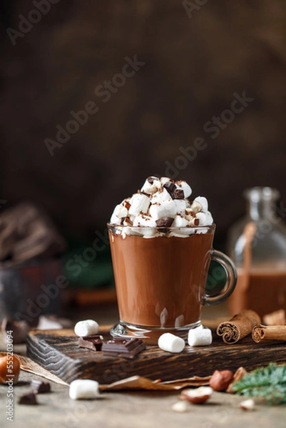 Obraz Hot chocolate with marshmallows on dark background. Hot beverage with cocoa 