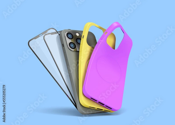 Fototapeta multicolored band phone cases and screen protection glass presentation for showcase 3d render on blue