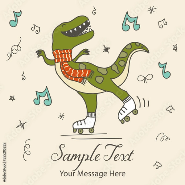 Fototapeta Retro Groovy Dinosaur Vector Holiday Card Background