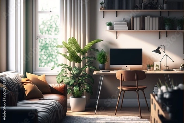 Fototapeta interior of cozy living room. Remote working and work from home as an office is a new business trend. Home office is a safe place to work. Generative AI